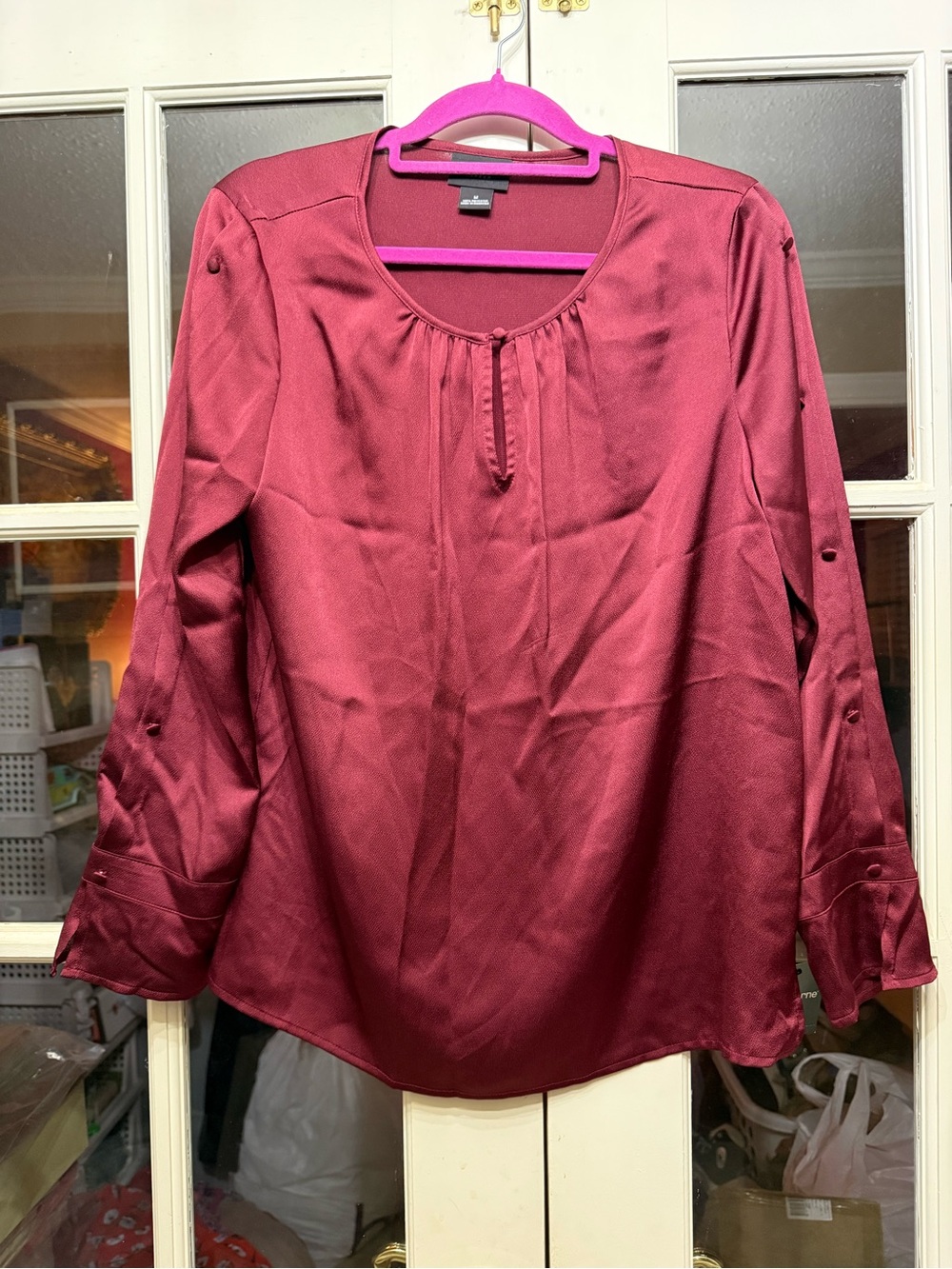 Liz Claiborne Deep Burgundy Satin Long-Sleeve Blouse